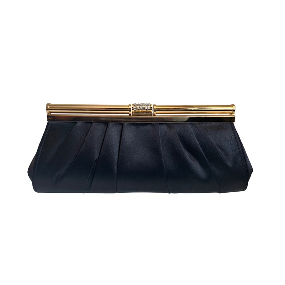 Lovely N.Y. Handbags - Lovely N.Y. Black Satin Pleated Evening Clutch Bag Gold Frame Rhinestone Accent
